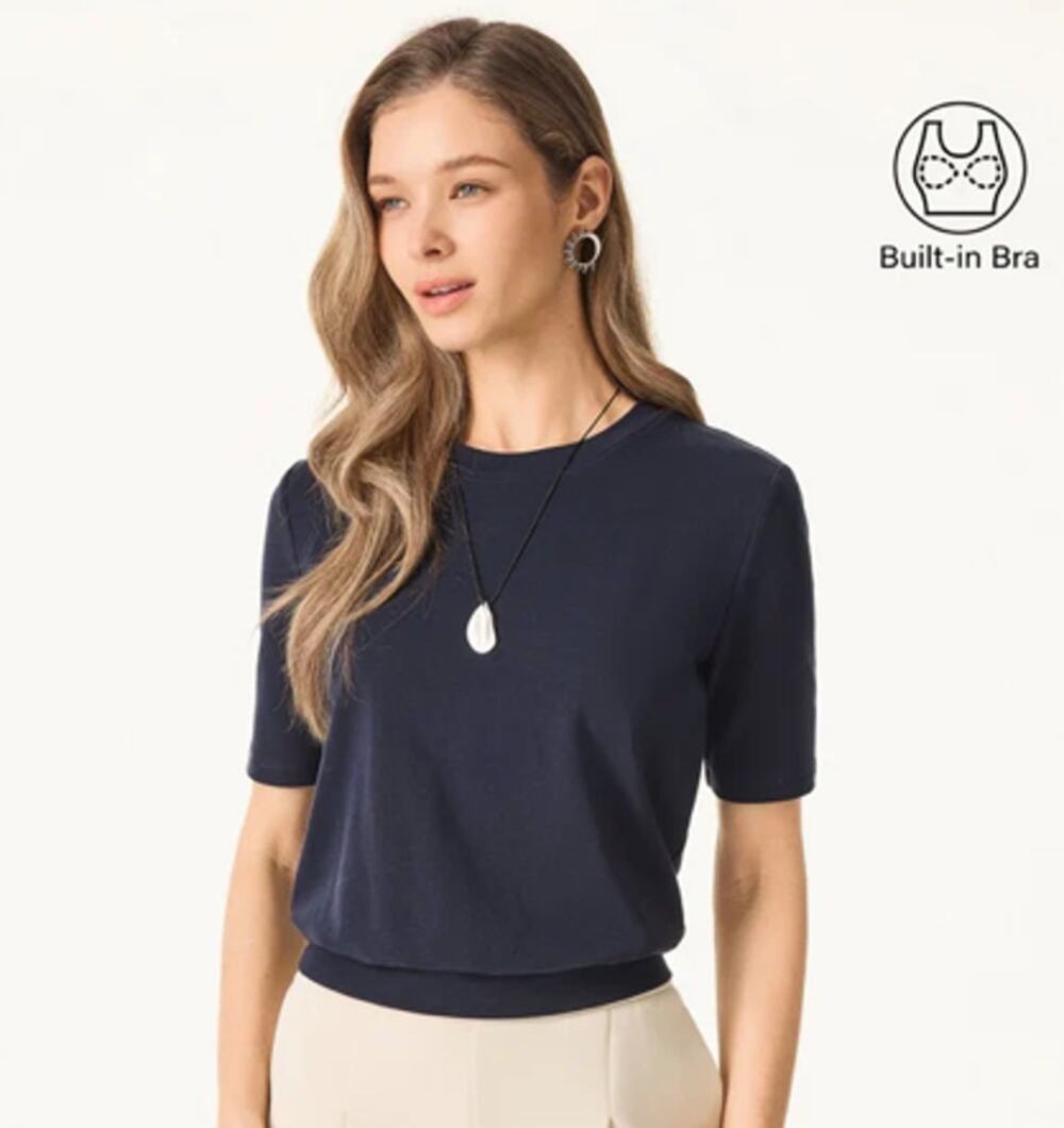 OGL Brami Top Short Sleeve Crewneck Lyocell Wool Navy Blue Size Large NEW